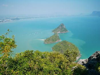 High angle view of bay against clear sky
