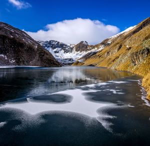 Scenic view of snowcapped mountains against sky during winter