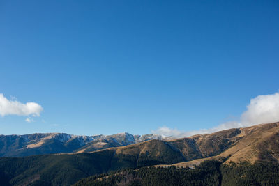 Scenic view of mountains against clear blue sky