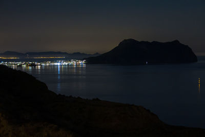 Scenic view of sea against clear sky at night