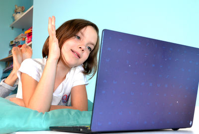 Girl student online learning class study online video call zoom teacher