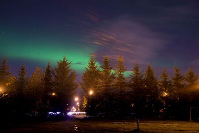 Illuminated street amidst trees against sky at night