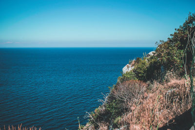 Scenic view of sea against clear blue sky