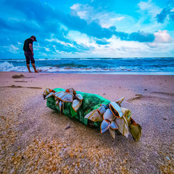 Man with umbrella on beach against sky