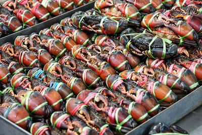 High angle view of vegetables for sale at market stall