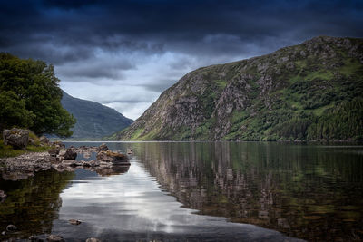 Scenic view of lake and mountains against sky