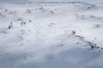 High angle view of snow covered land