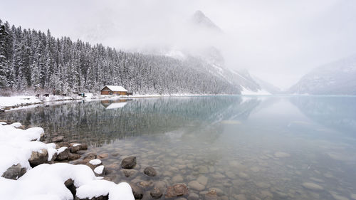 Almost frozen azure alpine lake shrouded by fog in early winter, banff n. park, canada