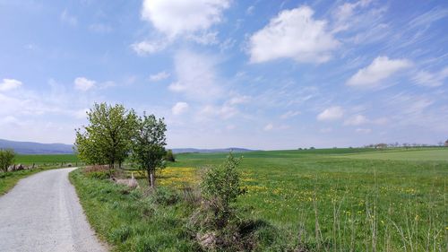 Empty road amidst field against sky