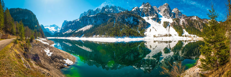 Panoramic view of lake and mountains against sky