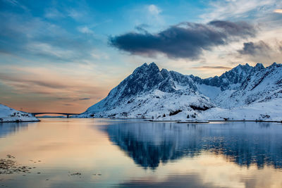 Sunset over the fjord near reine norway