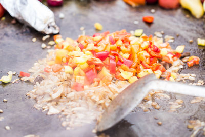 High angle view of chopped vegetables in market