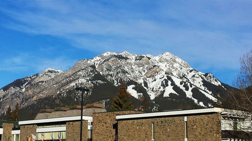 Low angle view of snowcapped mountain against sky