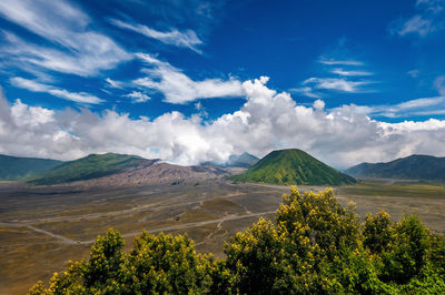 Scenic view of landscape and mountains against sky