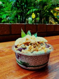 Close-up of ice cream in bowl on table