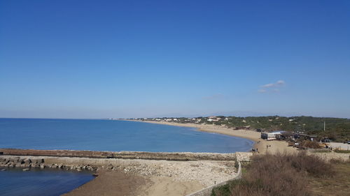 Scenic view of sea against clear blue sky