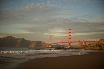 View of suspension bridge over river