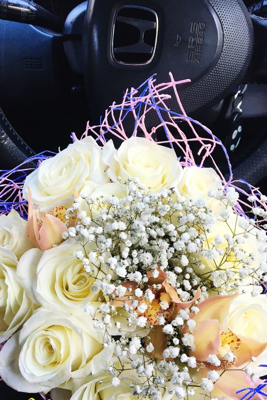 CLOSE-UP OF ROSE BOUQUET ON RED ROSES