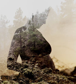 Double exposure of woman and trees