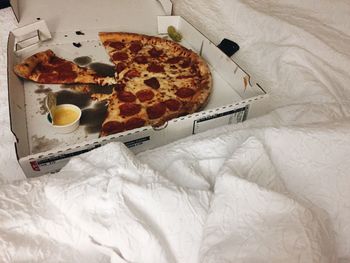 High angle view of food on bed