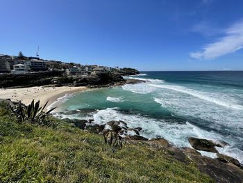 Scenic view of sea against clear blue sky