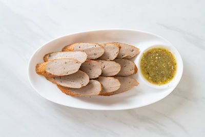 High angle view of food in plate on table