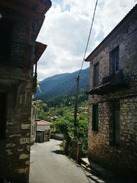 Houses by mountains against sky