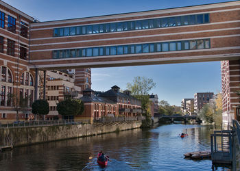 Canal by buildings in city against sky