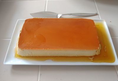 High angle view of cake in plate on table