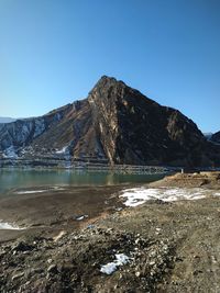 Scenic view of lake against clear blue sky