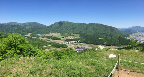 Scenic view of landscape and mountains against clear sky