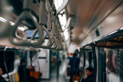 Close-up of handles in train