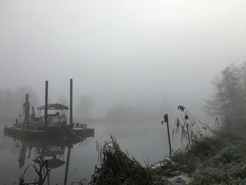 Scenic view of foggy weather against sky