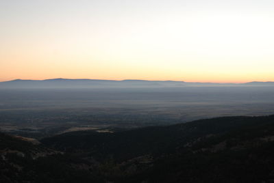 High angle view of landscape against sky during sunset