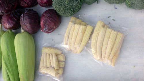 High angle view of vegetables on table