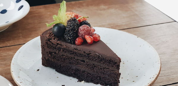 High angle view of cake in plate on table