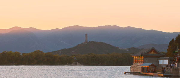 Scenic view of lake against mountain during sunset