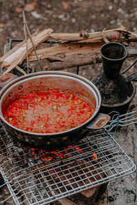 High angle view of food on barbecue grill