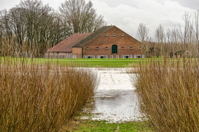 View between bushes across rising water towards a ringdike protecting a monumental farmhouse