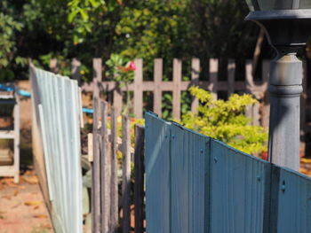 Close-up of wooden fence by plants in yard