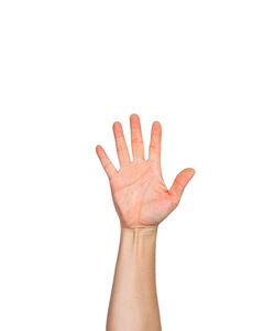 Close-up of human hand against white background