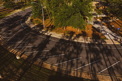 High angle view of road by trees in city