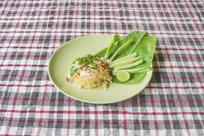 High angle view of breakfast on table