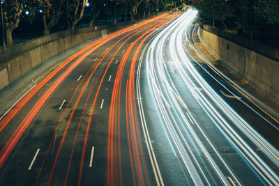 Light trails on road at night