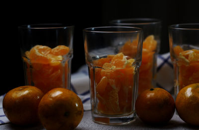 Close-up of fruits in glass on table