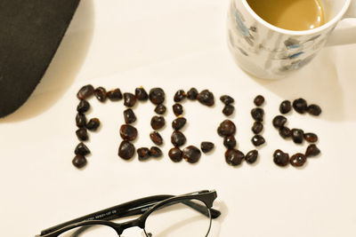 High angle view of coffee cup on table