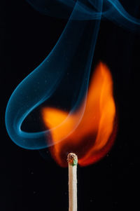 Close-up of burning candle against black background