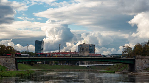 Bridge over river against sky in city