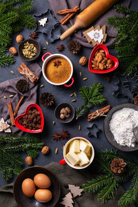 Christmas concept, merry christmas greeting card. cooking and baking ingredients. view from above