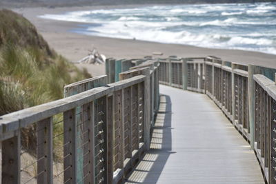 Wooden railing on beach by sea